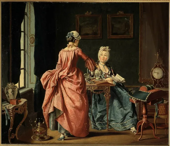 Framed Print : A woman is reading, the chambermaid brings tea, 1775. Creator: Hilleström, Pehr (1732-1816) Framed Print : A woman is reading, the chambermaid brings tea, 1775. Creator: Hilleström, Pehr (1732-1816)