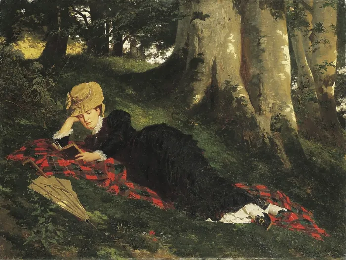 Framed Print : Woman Reading in a Forest, 1875. Creator: Benczur, Gyula (1844-1920) Framed Print : Woman Reading in a Forest, 1875. Creator: Benczur, Gyula (1844-1920)