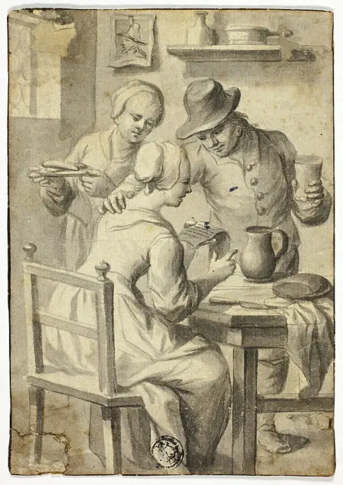 Framed Print : Woman Reading at Table While Man and Woman Listen In, n.d. Creator: Egbert van Heemskerk Framed Print : Woman Reading at Table While Man and Woman Listen In, n.d. Creator: Egbert van Heemskerk