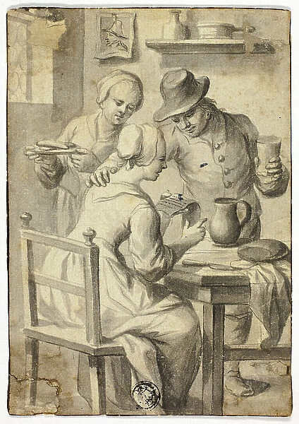 Woman Reading at Table While Man and Woman Listen In, n.d. Creator: Egbert van Heemskerk