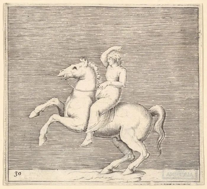 Framed Print : Woman on Rearing Horse, published ca. 1599-1622. Creator: Unknown Framed Print : Woman on Rearing Horse, published ca. 1599-1622. Creator: Unknown