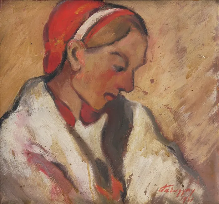 Framed Print : Woman in a red bonnet, 1931. Creator: Zolo Palugyay Framed Print : Woman in a red bonnet, 1931. Creator: Zolo Palugyay
