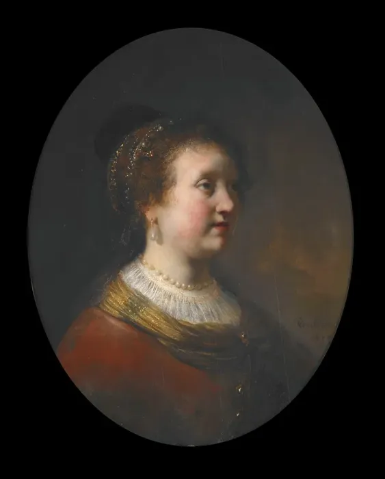 Framed Print : Woman in a Red Dress and Pearls, 1634. Creator: Govaert Flinck Framed Print : Woman in a Red Dress and Pearls, 1634. Creator: Govaert Flinck
