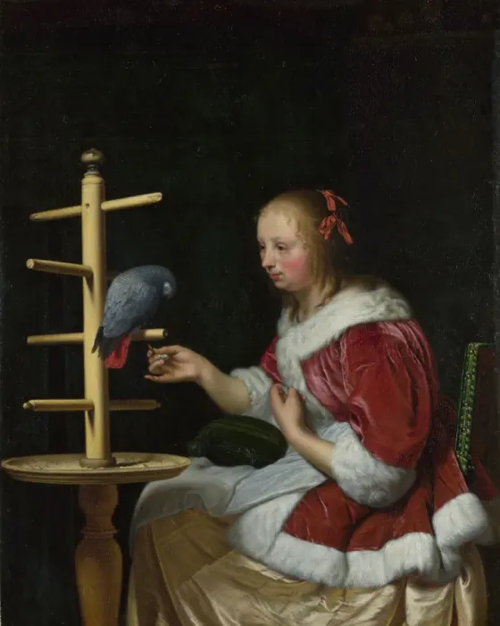 Framed Print : A Woman in a Red Jacket feeding a Parrot, ca 1663. Artist: Mieris, Frans van, the Elder (1635-1681) Framed Print : A Woman in a Red Jacket feeding a Parrot, ca 1663. Artist: Mieris, Frans van, the Elder (1635-1681)