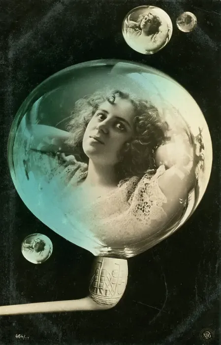 Framed Print : Woman reflected in a bubble, postcard, c1890-c1909(?) Framed Print : Woman reflected in a bubble, postcard, c1890-c1909(?)