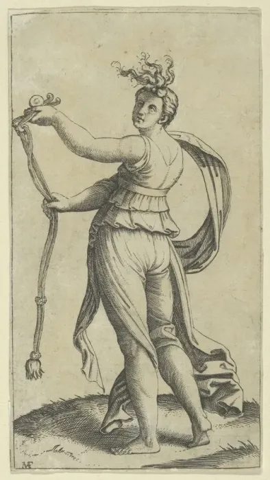Framed Print : A woman representing Temperance holding a bit facing left, ca. 1510-27. Creator: Marcantonio Raimondi Framed Print : A woman representing Temperance holding a bit facing left, ca. 1510-27. Creator: Marcantonio Raimondi