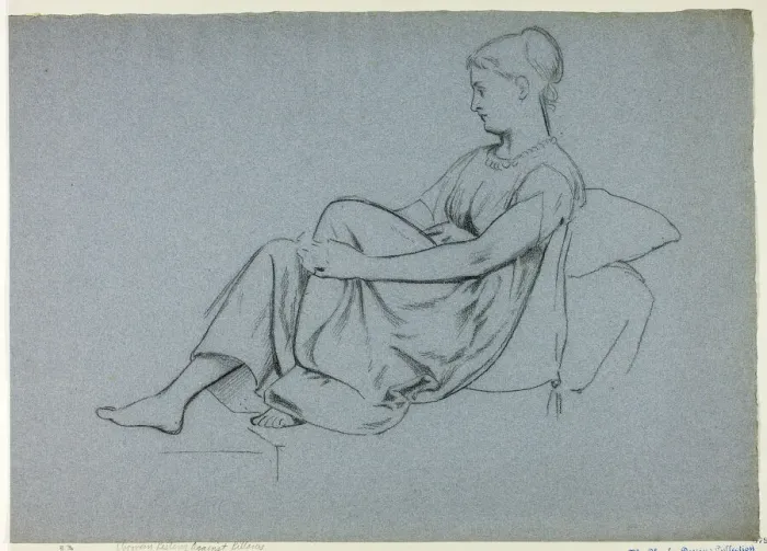Framed Print : Woman Resting Against Pillows Clasping Her Knee, n. d. Creator: Henry Stacy Marks Framed Print : Woman Resting Against Pillows Clasping Her Knee, n. d. Creator: Henry Stacy Marks