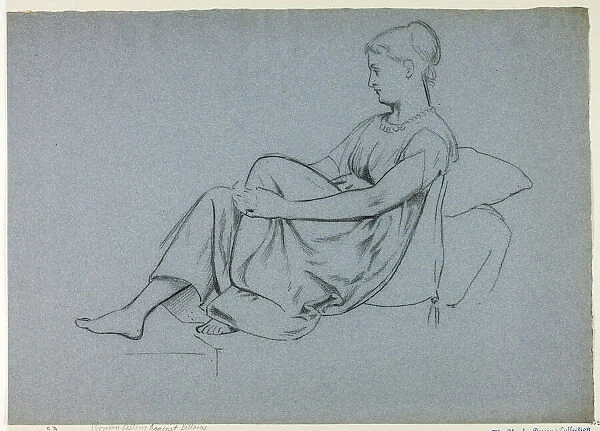 Woman Resting Against Pillows Clasping Her Knee, n. d. Creator: Henry Stacy Marks
