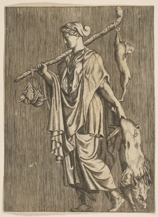 Framed Print : Woman returning from a hunt carrying a boar in her left hand and a stick on her r... ca Framed Print : Woman returning from a hunt carrying a boar in her left hand and a stick on her r... ca