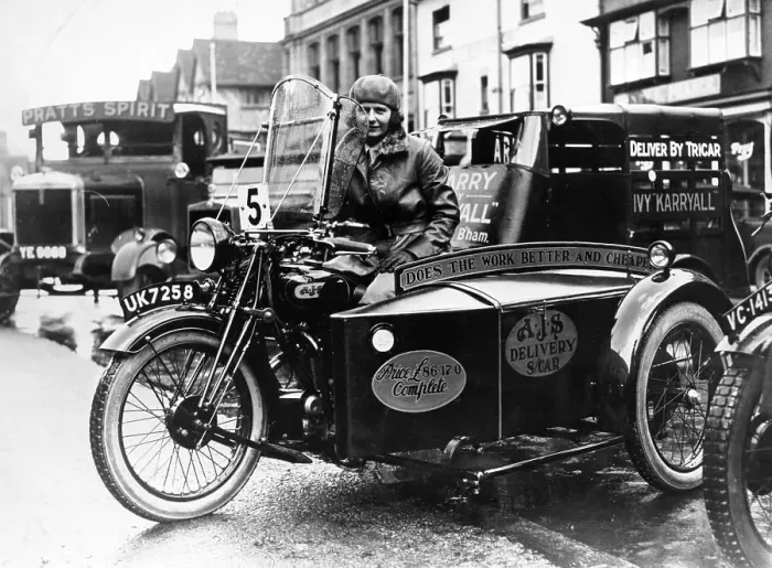 Framed Print : Woman riding a 1929 500cc AJS motorbike, (c1929?) Framed Print : Woman riding a 1929 500cc AJS motorbike, (c1929?)