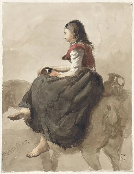 Woman riding side-saddle on a horse with two jugs, 1841-1857. Creator: Johan Daniel Koelman