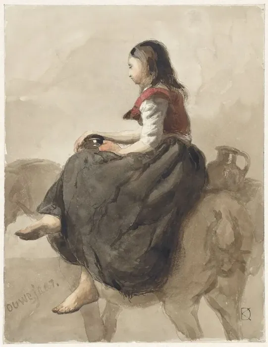 Framed Print : Woman riding side-saddle on a horse with two jugs, 1841-1857. Creator: Johan Daniel Koelman Framed Print : Woman riding side-saddle on a horse with two jugs, 1841-1857. Creator: Johan Daniel Koelman