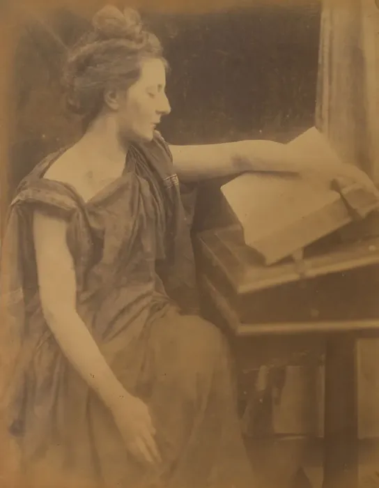 Framed Print : [Woman in Robes Reading a Book], 1870. Creator: Julia Margaret Cameron