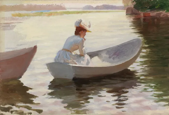 Framed Print : Woman in a Rowing Boat, study for Girls in a Rowing Boat, 1886. Creator: Albert Edelfelt Framed Print : Woman in a Rowing Boat, study for Girls in a Rowing Boat, 1886. Creator: Albert Edelfelt