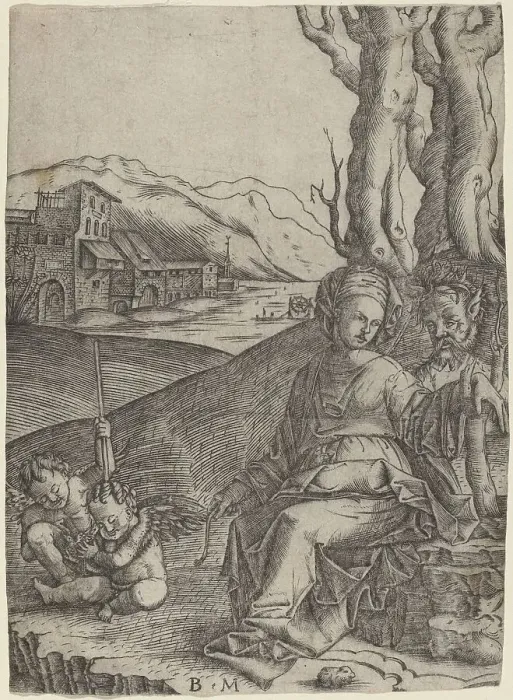 Framed Print : Woman and Satyr with Two Cupids, c. 1506 / 1512. Creator: Benedetto Montagna Framed Print : Woman and Satyr with Two Cupids, c. 1506 / 1512. Creator: Benedetto Montagna
