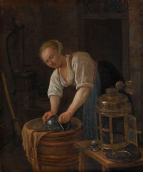 Woman scouring metalware, 1650-1660. Creator: Jan Steen