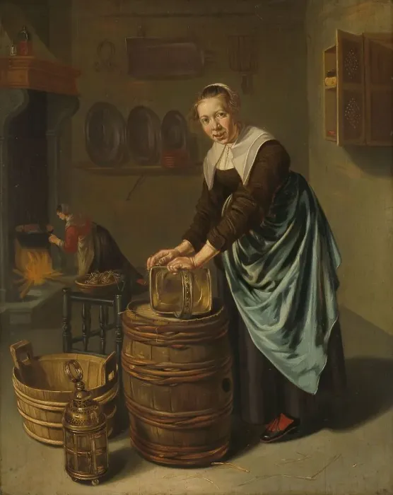 Framed Print : Woman scouring a vessel, 1631-1677. Creator: Willem van Odekercken Framed Print : Woman scouring a vessel, 1631-1677. Creator: Willem van Odekercken