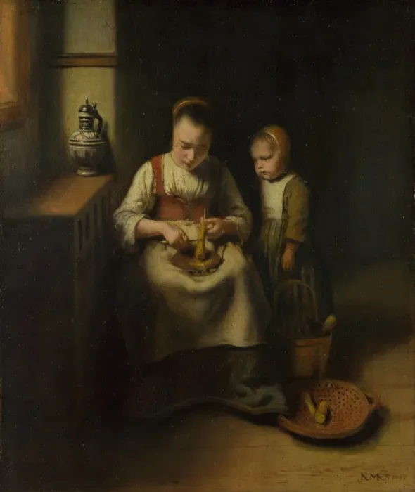Framed Print : A Woman scraping Parsnips, with a Child standing by her, 1655. Artist: Maes, Nicolaes (1634-1693) Framed Print : A Woman scraping Parsnips, with a Child standing by her, 1655. Artist: Maes, Nicolaes (1634-1693)