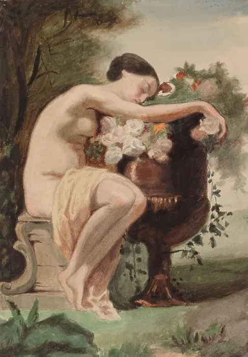 Framed Print : Woman Seated, copy after August Jernberg's Nymph by a Flower Urn, 1890-1925. Creator: Magnus Enckell Framed Print : Woman Seated, copy after August Jernberg's Nymph by a Flower Urn, 1890-1925. Creator: Magnus Enckell
