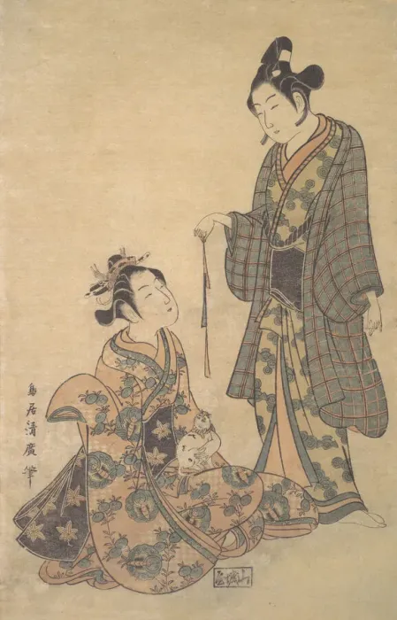 Framed Print : Woman Seated Holding a Cat, ca. 1755. Creator: Torii Kiyohiro Framed Print : Woman Seated Holding a Cat, ca. 1755. Creator: Torii Kiyohiro