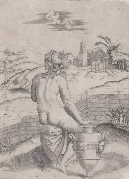 Framed Print : Woman Seated near a Vase, ca. 1514-36. Creator: Agostino Veneziano Framed Print : Woman Seated near a Vase, ca. 1514-36. Creator: Agostino Veneziano