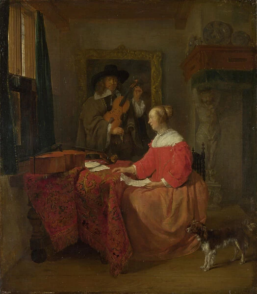 A Woman seated at a Table and a Man tuning a Violin, c. 1657?1658. Artist: Metsu, Gabriel (1629-1667)