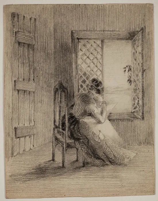 Framed Print : Woman Seated by a Window, 19th century. Creator: Felix Octavius Carr Darley Framed Print : Woman Seated by a Window, 19th century. Creator: Felix Octavius Carr Darley