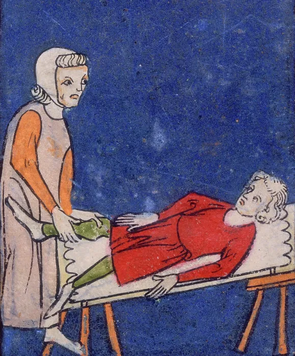 Framed Print : A woman setting a bone in a boy's leg, 14th century. Creator: Unknown. A woman setting a bone in a boy's leg, 14th century. Creator: Unknown Framed Print : A woman setting a bone in a boy's leg, 14th century. Creator: Unknown. A woman setting a bone in a boy's leg, 14th century. Creator: Unknown