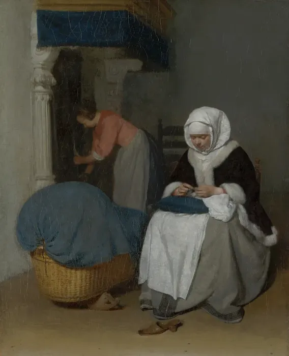 Framed Print : Woman Sewing beside a Cradle. Creator: Gerard Terborch II Framed Print : Woman Sewing beside a Cradle. Creator: Gerard Terborch II
