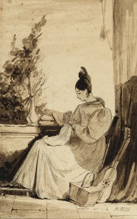 Framed Print : Woman Sewing, early 19th century. Creator: Richard Parkes Bonington Framed Print : Woman Sewing, early 19th century. Creator: Richard Parkes Bonington
