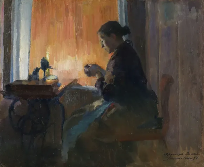 Framed Print : Woman Sewing by Lamplight, 1890. Creator: Harriet Backer Framed Print : Woman Sewing by Lamplight, 1890. Creator: Harriet Backer