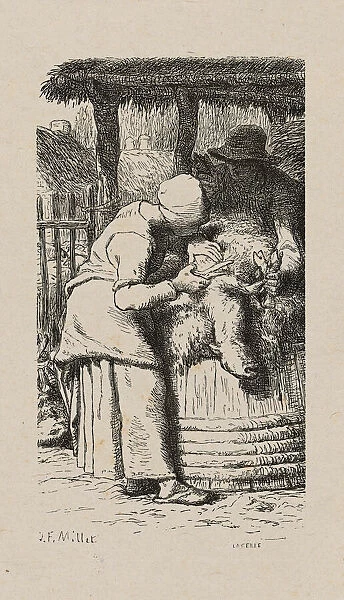 Woman Shearing Sheep, 1853, after drawing made in 1852. Creator: Jacques-Adrien Lavieille