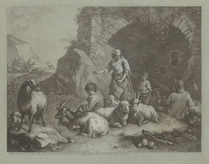 Framed Print : Woman, Shepherd Boys, and Sheep near an Arch, 1759 / 1782. Creator: Francesco Londonio Framed Print : Woman, Shepherd Boys, and Sheep near an Arch, 1759 / 1782. Creator: Francesco Londonio