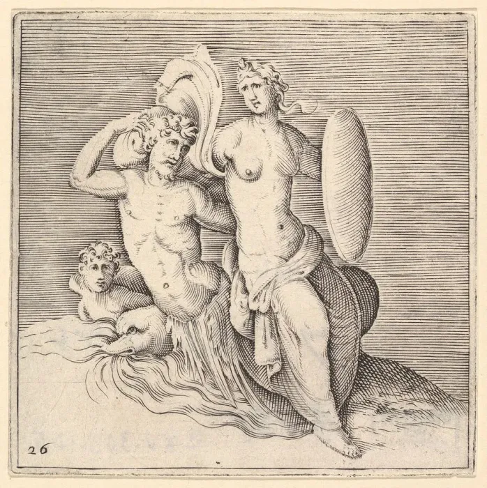 Framed Print : Woman with Shield Seated on Seamonster, published ca. 1599-1622. Creator: Unknown Framed Print : Woman with Shield Seated on Seamonster, published ca. 1599-1622. Creator: Unknown