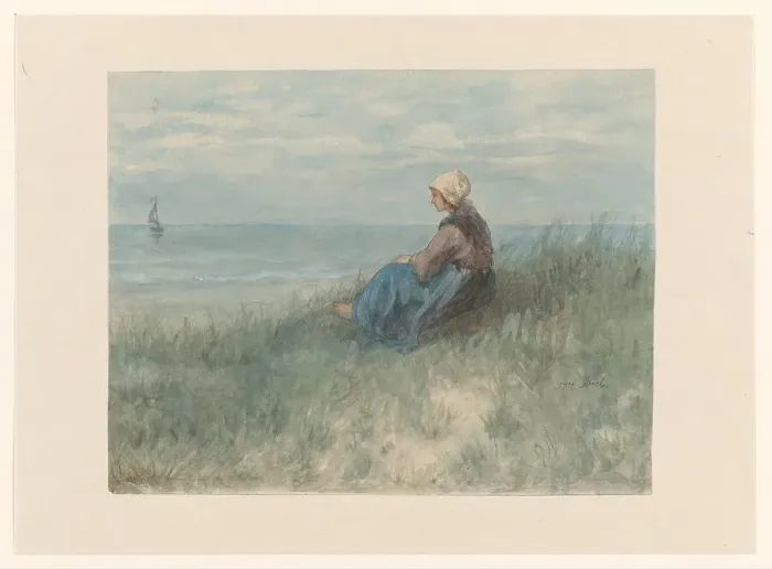 Framed Print : Woman sitting on the dunes watching the sea, 1834-1892. Creator: Jozef Israels Framed Print : Woman sitting on the dunes watching the sea, 1834-1892. Creator: Jozef Israels