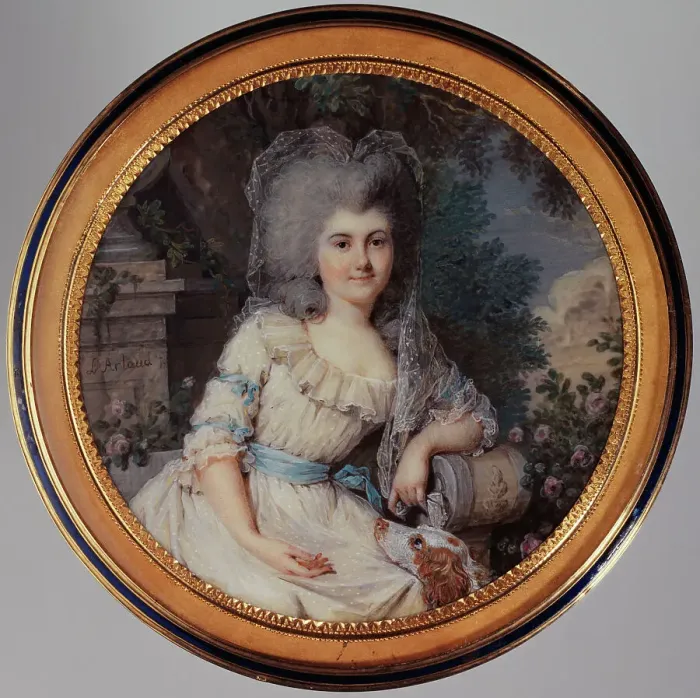 Framed Print : Woman sitting in a park with a spaniel, c1785. Creator: Louis-Ami Arlaud-Jurine Framed Print : Woman sitting in a park with a spaniel, c1785. Creator: Louis-Ami Arlaud-Jurine
