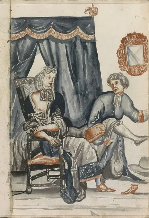 Framed Print : Woman sitting in front of a four poster bed, 1696. Creator: Hendrick van Beaumont Framed Print : Woman sitting in front of a four poster bed, 1696. Creator: Hendrick van Beaumont