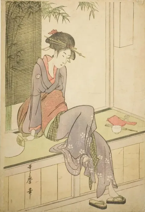 Framed Print : Woman Sitting on Veranda, Japan, c. 1798. Creator: Kitagawa Utamaro Framed Print : Woman Sitting on Veranda, Japan, c. 1798. Creator: Kitagawa Utamaro