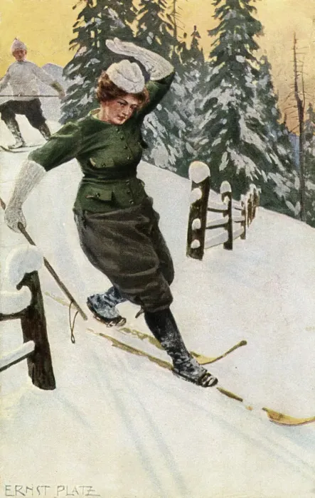 Framed Print : Woman skiing, late 19th or early 20th century. Artist: Ernst Platz Framed Print : Woman skiing, late 19th or early 20th century. Artist: Ernst Platz