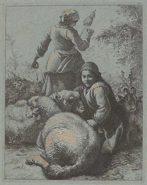 Woman Spinner and a Shepherd with Flock, 1758  /  1759. Creator: Francesco Londonio