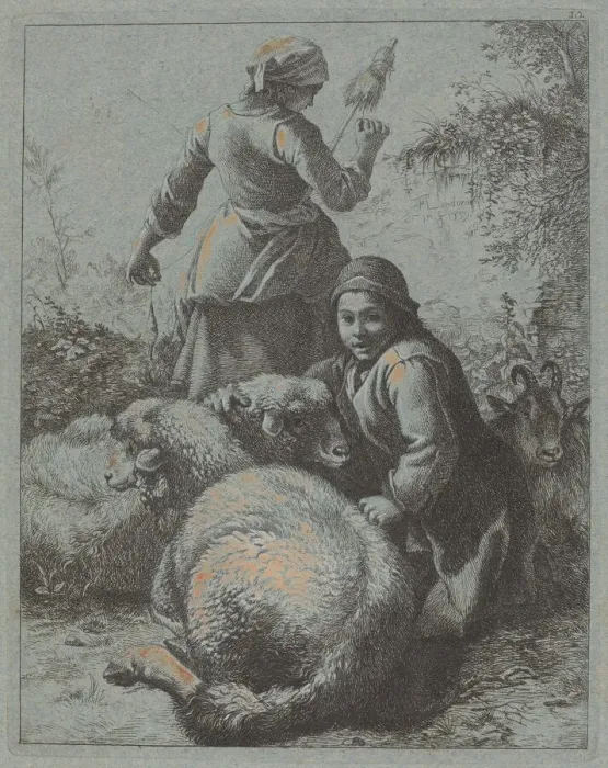Framed Print : Woman Spinner and a Shepherd with Flock, 1758 / 1759. Creator: Francesco Londonio Framed Print : Woman Spinner and a Shepherd with Flock, 1758 / 1759. Creator: Francesco Londonio