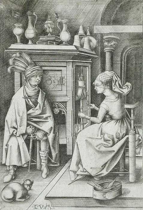 Framed Print : Woman Spinning and Visitor, between circa 1495 and circa 1503. Creator: Israhel van Meckenem Framed Print : Woman Spinning and Visitor, between circa 1495 and circa 1503. Creator: Israhel van Meckenem