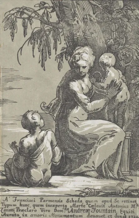 Framed Print : A Woman Standing at the Foot of a Tree Holding an Infant, with a Seated Boy, 1724 Framed Print : A Woman Standing at the Foot of a Tree Holding an Infant, with a Seated Boy, 1724