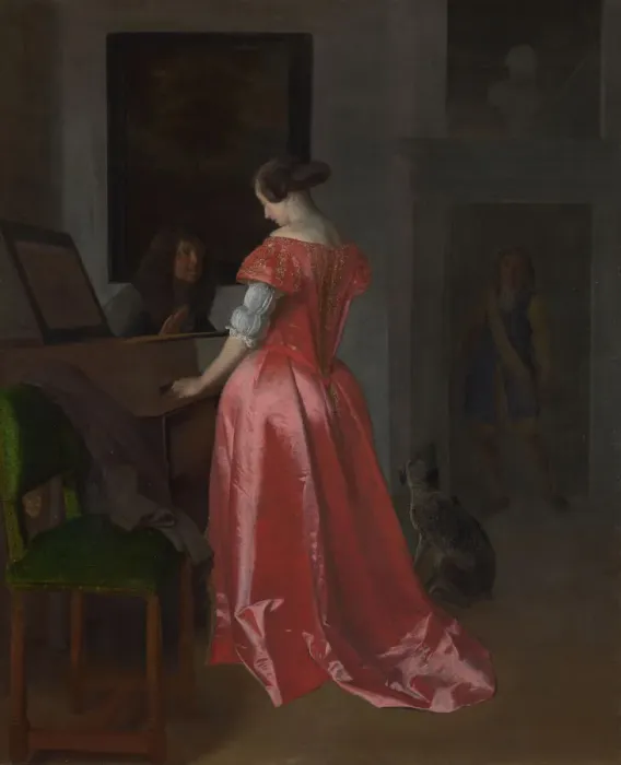 Framed Print : A Woman standing at a Harpsichord, ca 1675. Artist: Ochtervelt, Jacob Lucasz. (1634-1682) Framed Print : A Woman standing at a Harpsichord, ca 1675. Artist: Ochtervelt, Jacob Lucasz. (1634-1682)