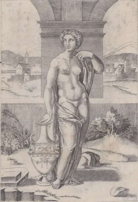 Framed Print : Woman Standing near a Vase, ca. 1514-36. Creator: Agostino Veneziano Framed Print : Woman Standing near a Vase, ca. 1514-36. Creator: Agostino Veneziano