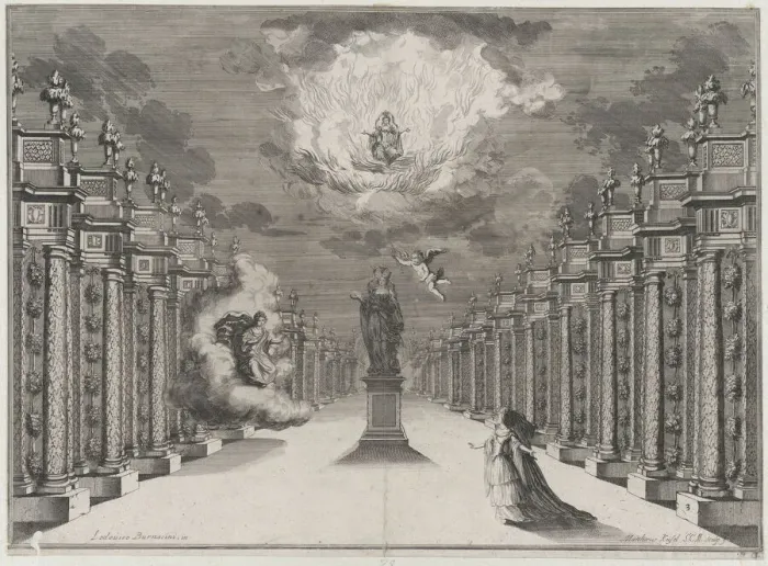 Framed Print : A woman standing on the right side of a road lined with columns; at center a statue of a f... 1674. Creator: Mathaus Küsel Framed Print : A woman standing on the right side of a road lined with columns; at center a statue of a f... 1674. Creator: Mathaus Küsel