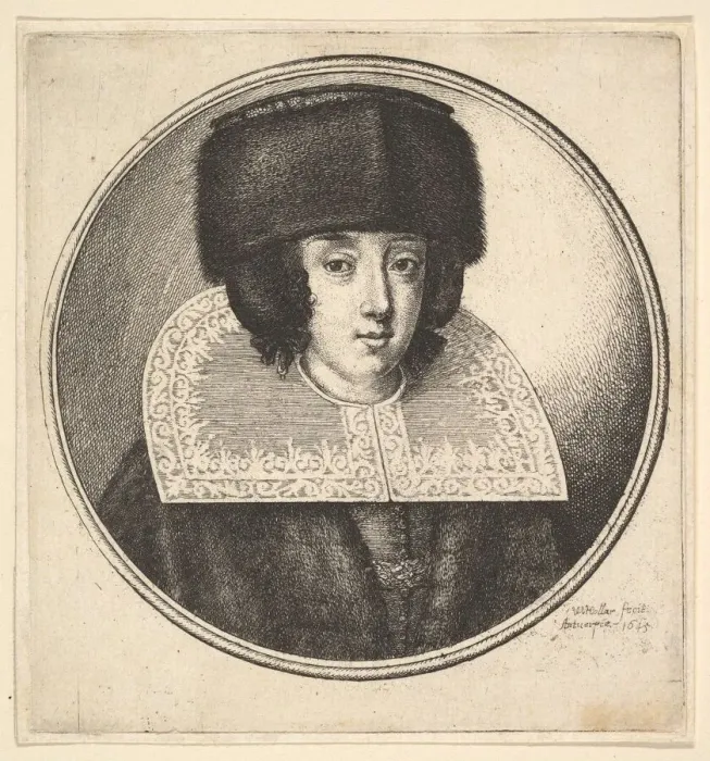 Framed Print : Woman with stiff lace collar and flat-crowned fur hat, 1645. Creator: Wenceslaus Hollar Framed Print : Woman with stiff lace collar and flat-crowned fur hat, 1645. Creator: Wenceslaus Hollar