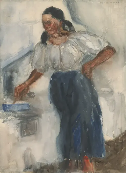Framed Print : Woman by the stove, 1904. Creator: Milos Jiranek Framed Print : Woman by the stove, 1904. Creator: Milos Jiranek