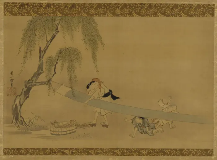 Framed Print : Woman stretching cloth to dry; two children at play, Edo period Framed Print : Woman stretching cloth to dry; two children at play, Edo period