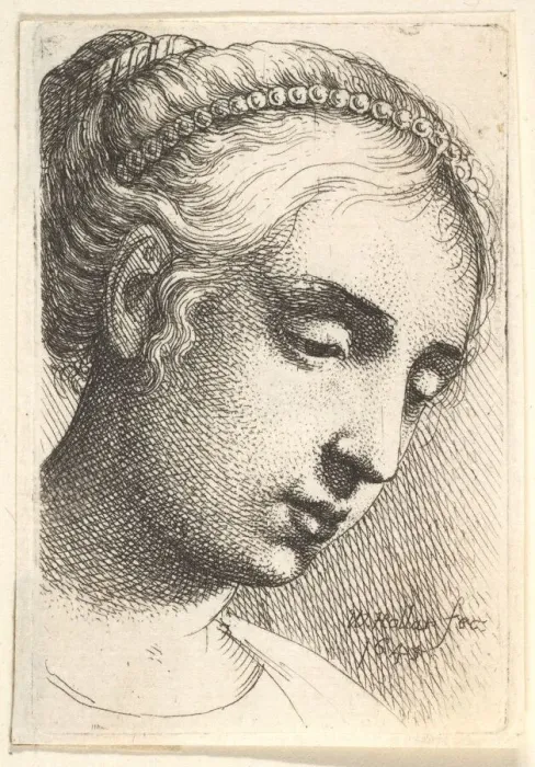 Framed Print : Woman with string of pearls in her hair looking downwards to right, 1645